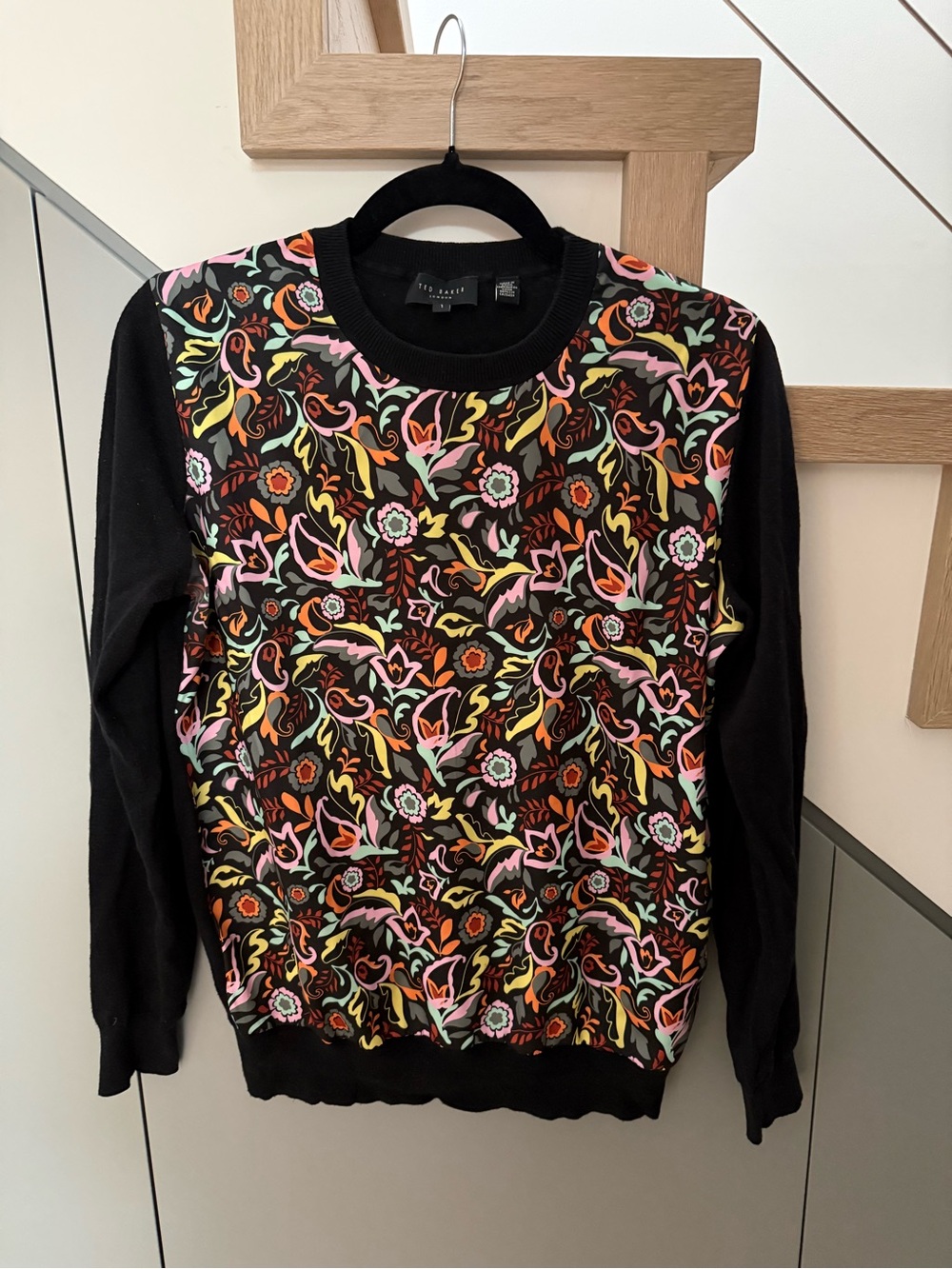 Ted Baker Black Crewneck Sweater with Multicolor Floral Pattern